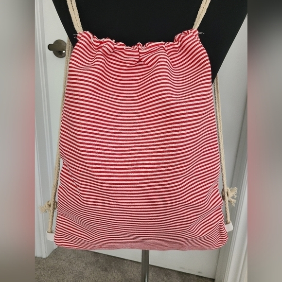 Trïbe Canvas & Rattan Nautical Red & White Striped Drawstring Backpack … - Picture 3 of 6